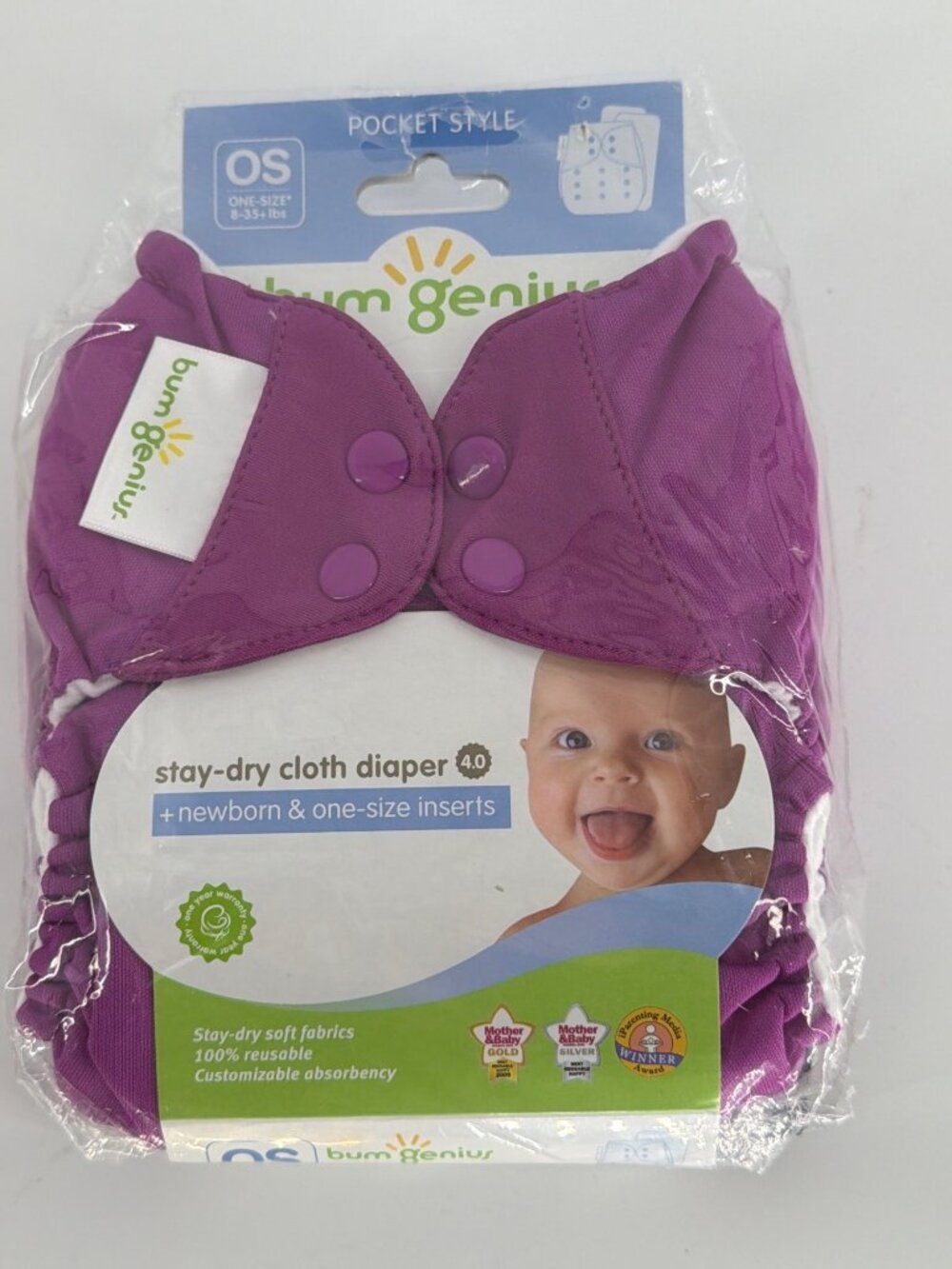 BumGenius Stay-Dry Cloth Diaper 4.0 One-Size New Purple - Picture 1 of 2